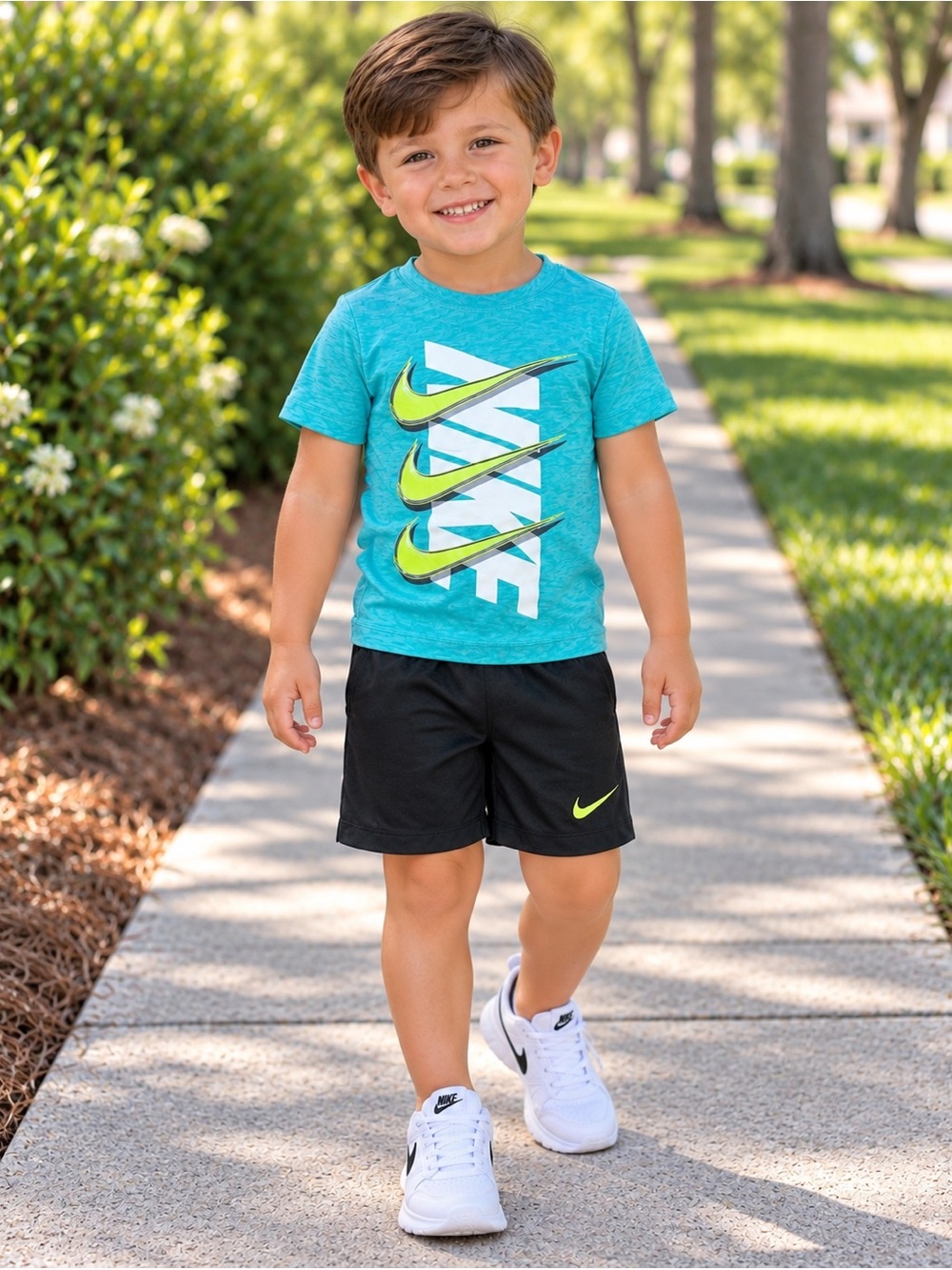 Nike Dri-FIT Boys 2-Piece Shorts Set Size 4 NWT Aqua Graphic Tee Black Shorts